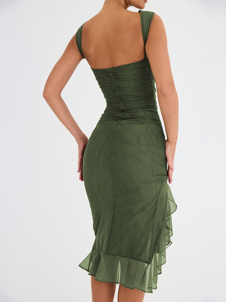 Elegante vestido midi con volantes