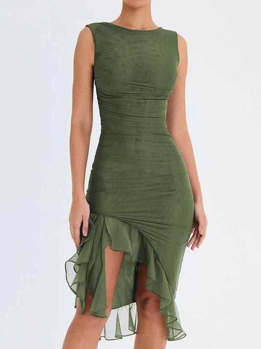 Elegante vestido midi con volantes